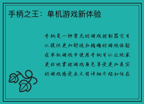 手柄之王：单机游戏新体验
